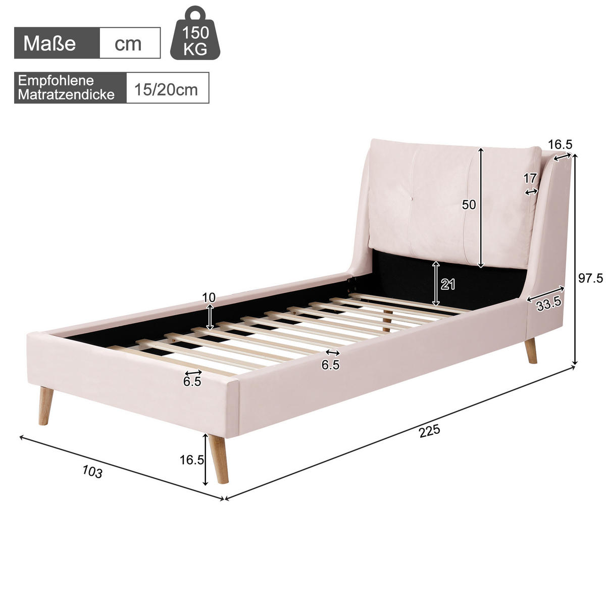 KINDERBETT 90/200 cm mit Lattenrost, höhenverstellbarem gepolstertem Kopfteil und Massivholzbeinen aus Samt, Rosa - Rosa, Textil (90/200cm) - Redom