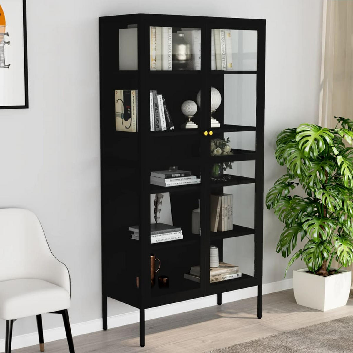 VITRINE Schwarz 90/40/180 Cm Stahl Und Gehärtetes Glas - Goldfarben/Schwarz, Glas/Metall (90/180/40cm) - vidaXL