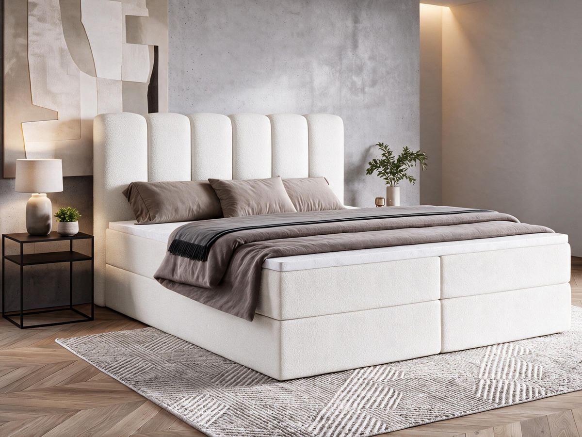 BOXBET NOLARO 160x200 cm Komplett-Set mit Bettkasten, Bonell-Matratze und Topper, Bouclé Weiß - Weiß, Textil (160/200cm) - Luxkor24