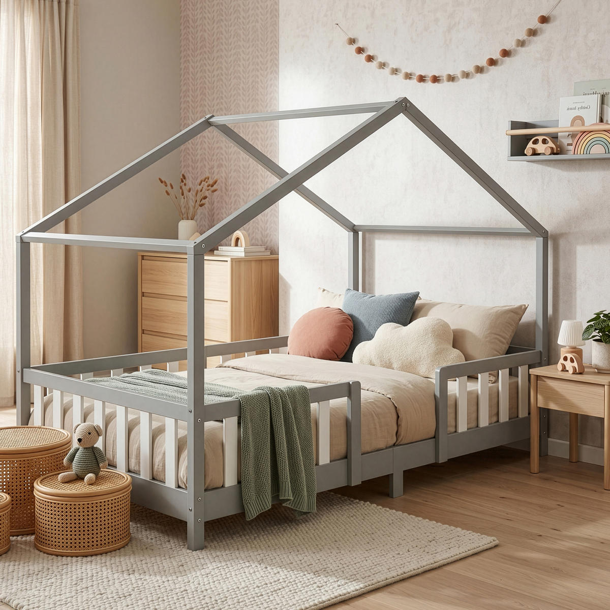 DOMÁCÍ POSTEL Treviolo - bílá/světle šedá, dřevo (140/200cm) - [en.casa]