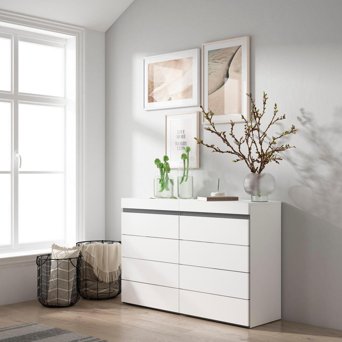 KOMMODE mit Schubladen, Sideboard Schrank, weiß und schwarz, 114/35/75cm - Weiß, Holzwerkstoff (114/75/35cm) - Skraut Home