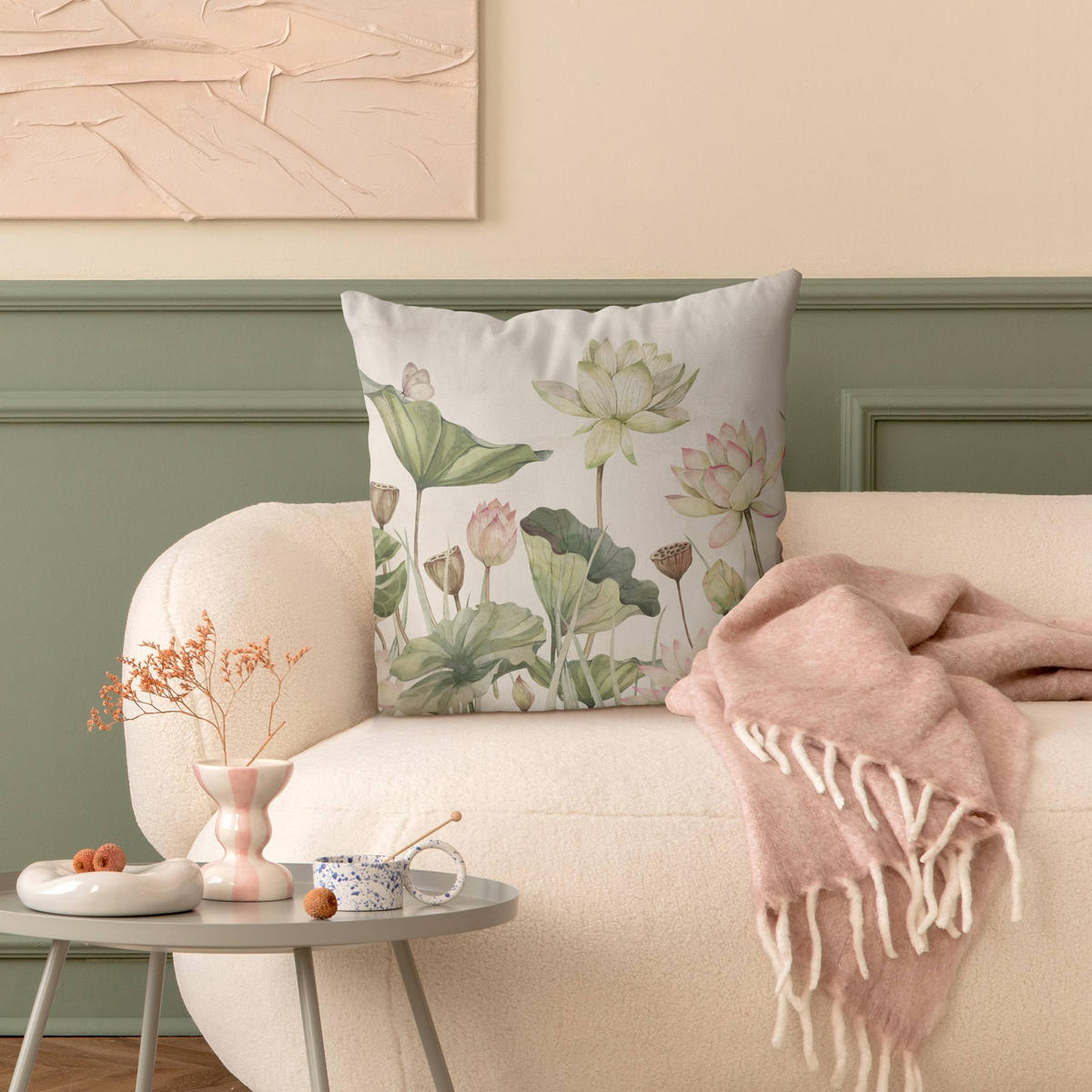 DEKOKISSEN Anmutige Seerosen und sanfte Blätter 40/40 cm - Grün, Textil (40/40/10cm) - Bilderwelten