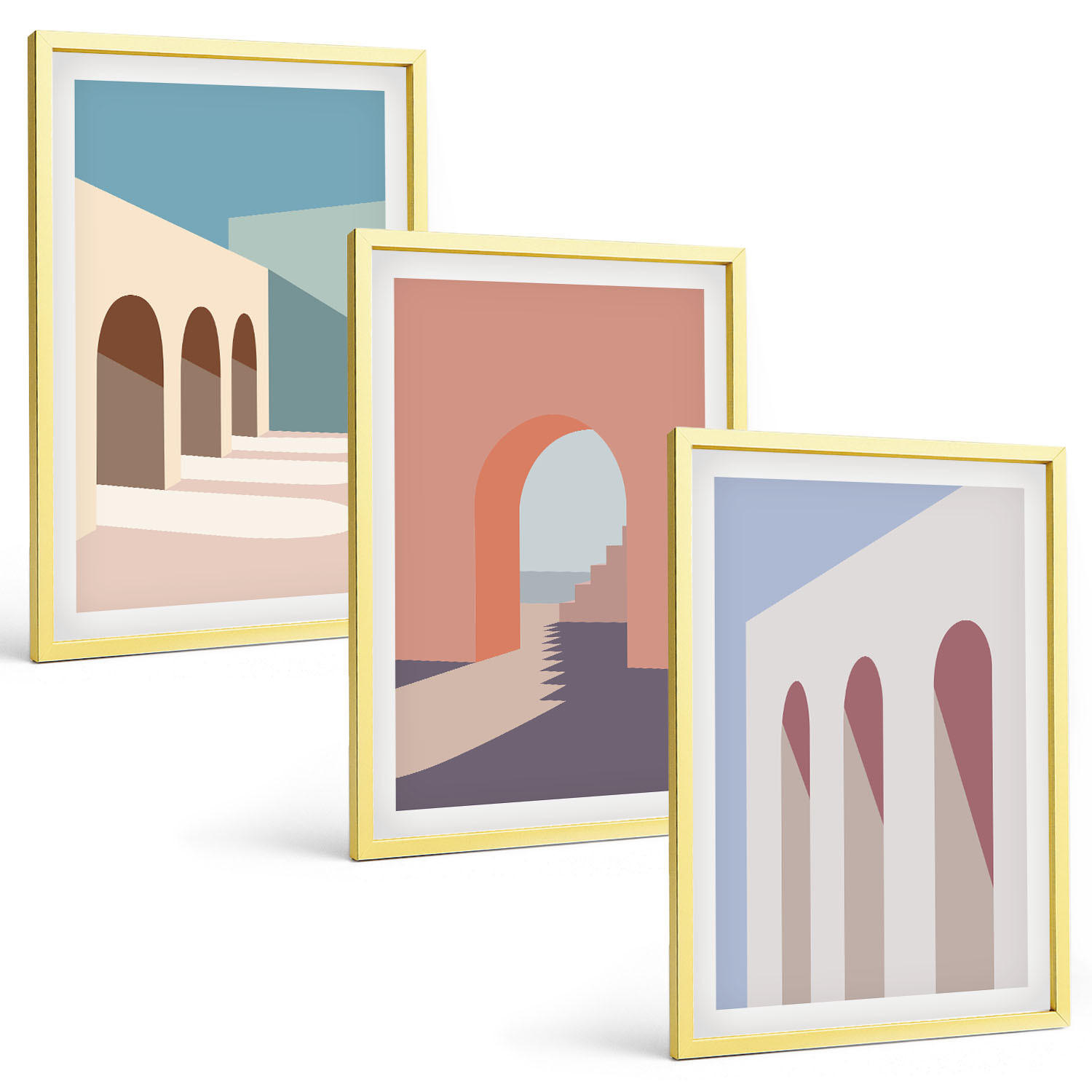 BILDER SET 3er Set - 40x60 cm Goldrahmen - Architekturgrafiken in Pastellfarben - Goldfarben, Kunststoff (40/60cm) - TULUP