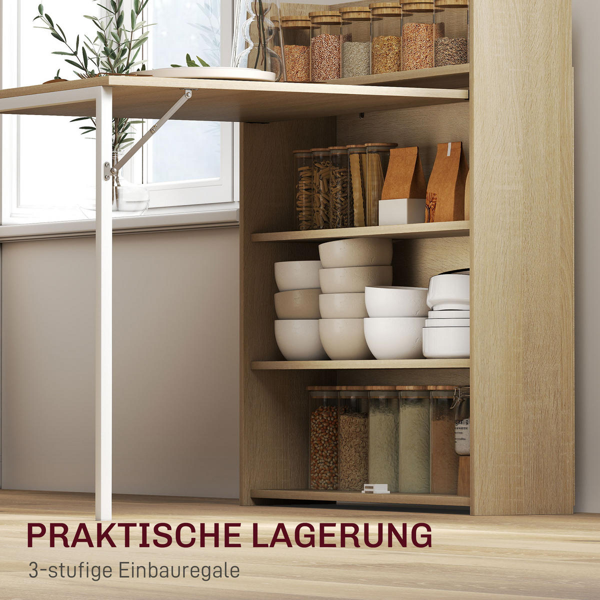ESSTISCH Klappbar mit Regal, Platzsparend, 78,5 x 91 x 93 cm, Eiche - Eichefarben, Holzwerkstoff (91/78.5/93cm) - HOMCOM