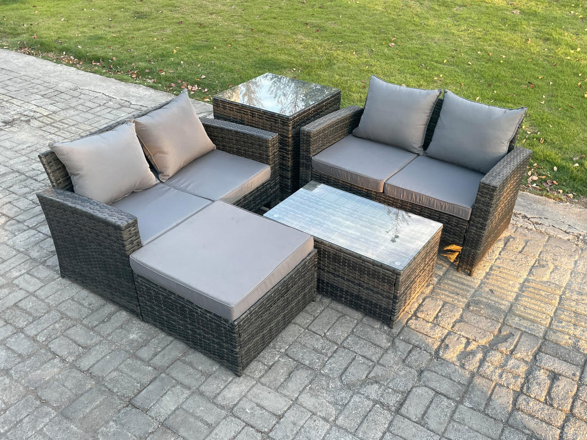 GARTENMÖBEL-SET MIT RECHTECKIGEM COUCHTISCH DOPPELSITZ-SOFA HOCKER BEISTELLTISCH Polyrattan Dunkelgrau Gemischt 5-Sitzer - Dunkelgrau, Metall - Fimous