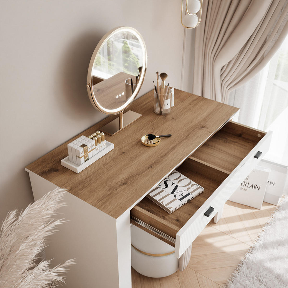 SCHMINKTISCH AVENA mit 2 Schubladen, 102 cm Weiß/Eiche - Weiß, Holzwerkstoff/Kunststoff (102/79/50cm) - Idohome