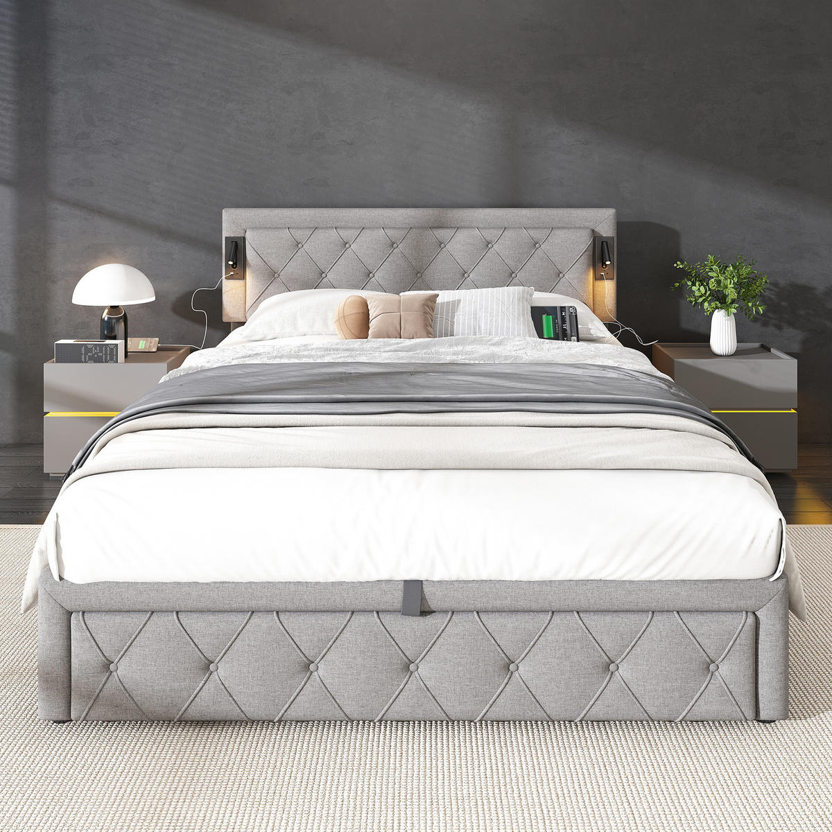 POLSTERBETT aus Leinen 160x200 cm Grau mit USB-Anschluss, Downlight und hydraulischem Bettkasten - Grau, Textil (160/200cm) - Modfu