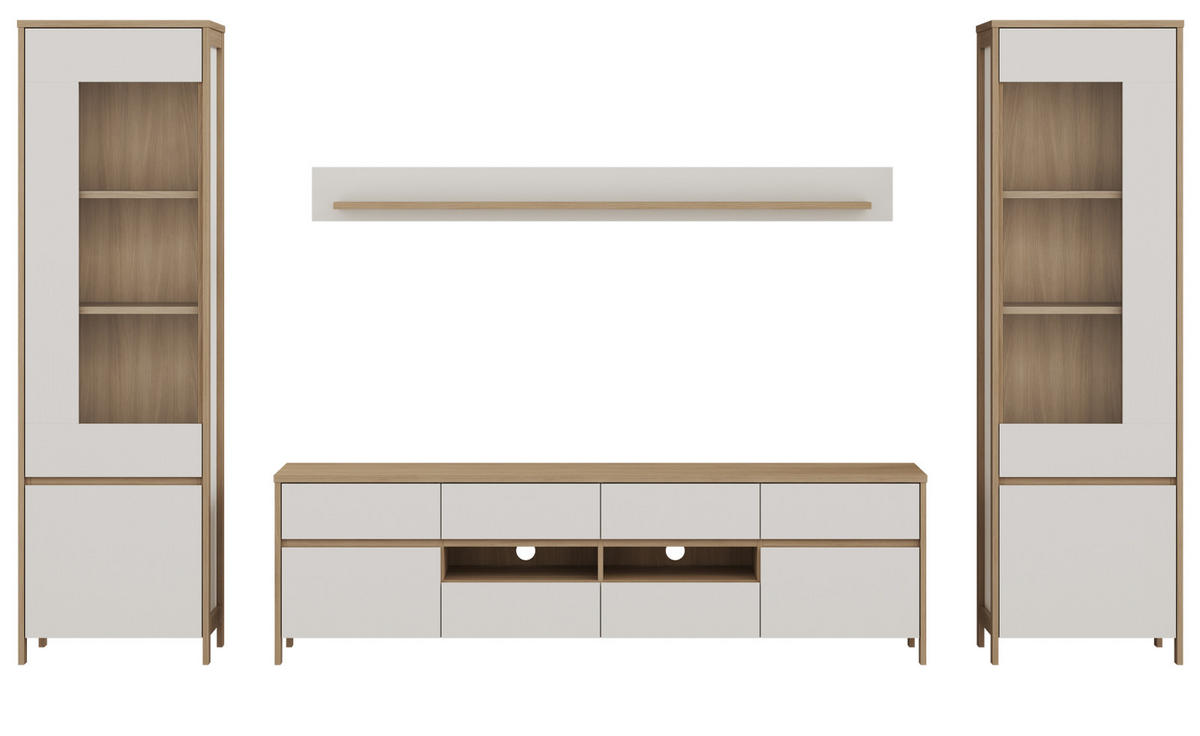 WOHNWAND weiß, Eiche 4-teilig 339 cm, Wohnkombination skandinavisch mit Soft-Close, Finnes - Eichefarben/Weiß, Glas/Holzwerkstoff (339/195/39cm) - Furn.Design