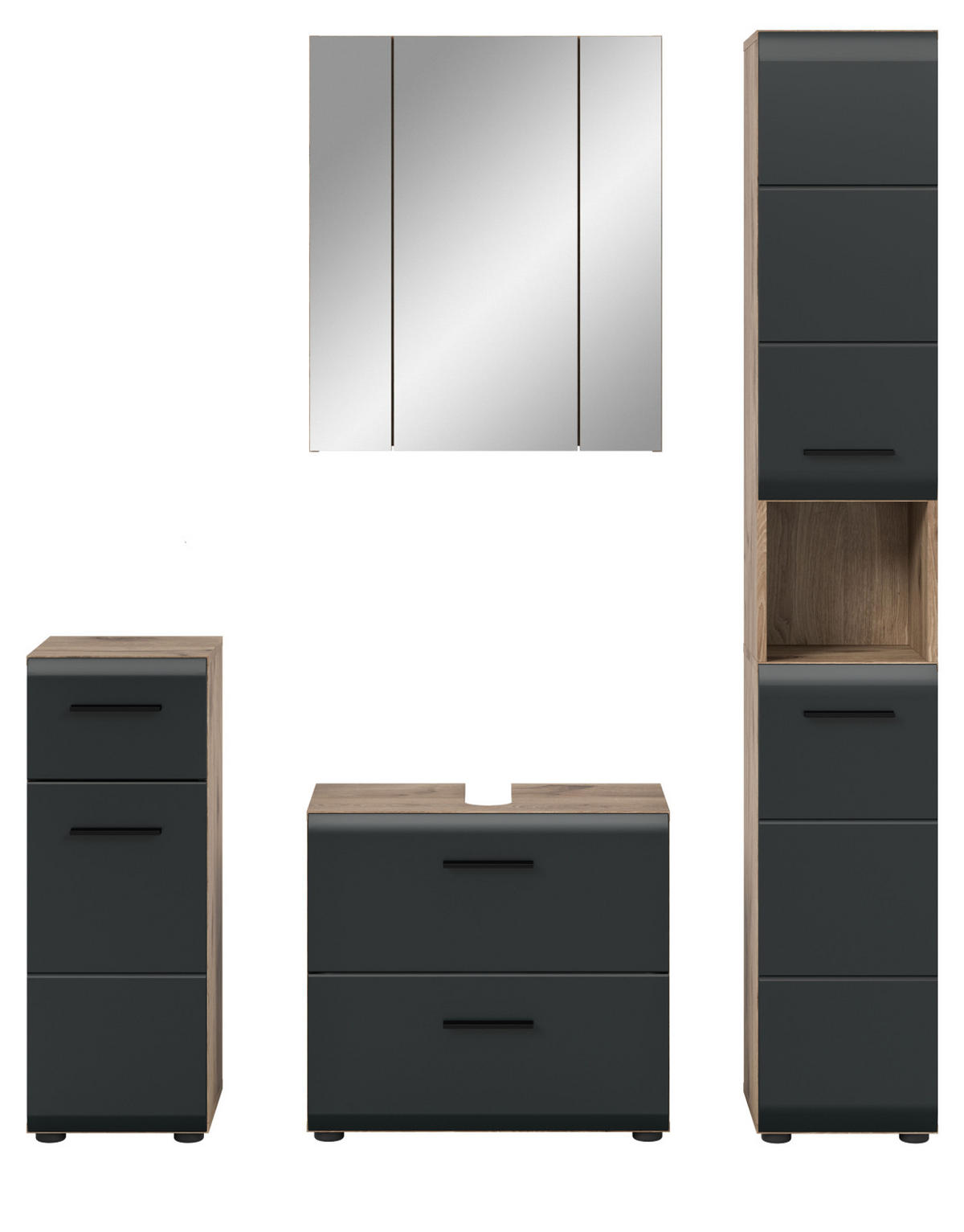 BADMÖBEL-SET 4-teilig Schwarz matt, Eiche Nox 150 x 185 cm, mit viel Stauraum und Vollauszug - Eichefarben/Schwarz, Glas/Holzwerkstoff (150/185/30cm) - Inn.Furn