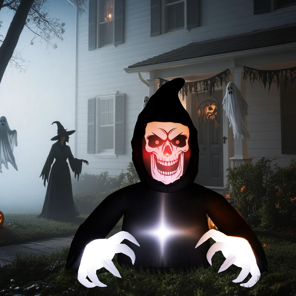AUFBLASBARER Sensenmann, Halloween-Dekoration mit LED-Lichtern, für Outdoor - Schwarz, Textil (115/180/190cm) - Outsunny