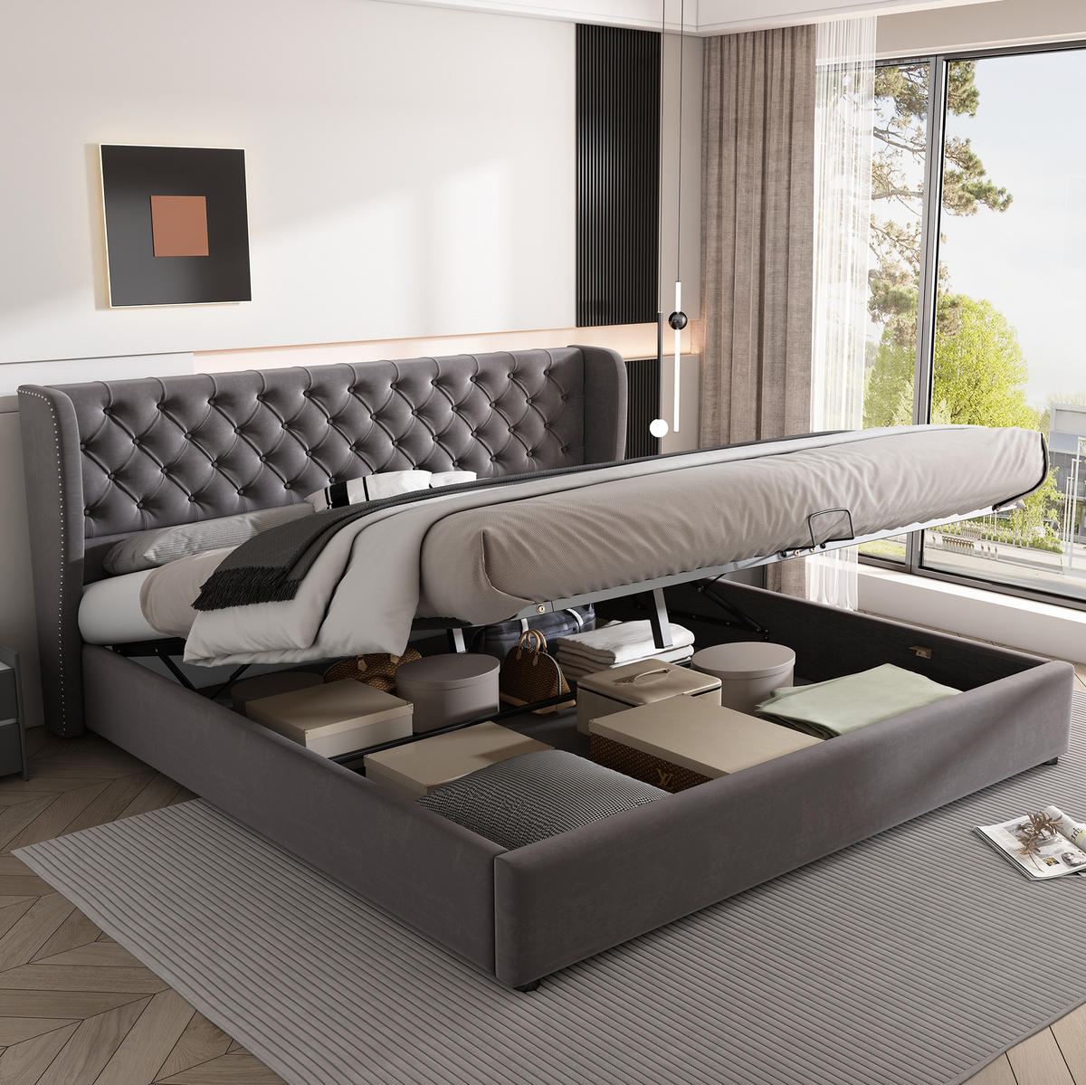 POLSTERBETT aus Samt 180x200 cm Grau mit hydraulischem Bettkasten und Lattenrost - Grau, Textil (180/200cm) - IVMEU