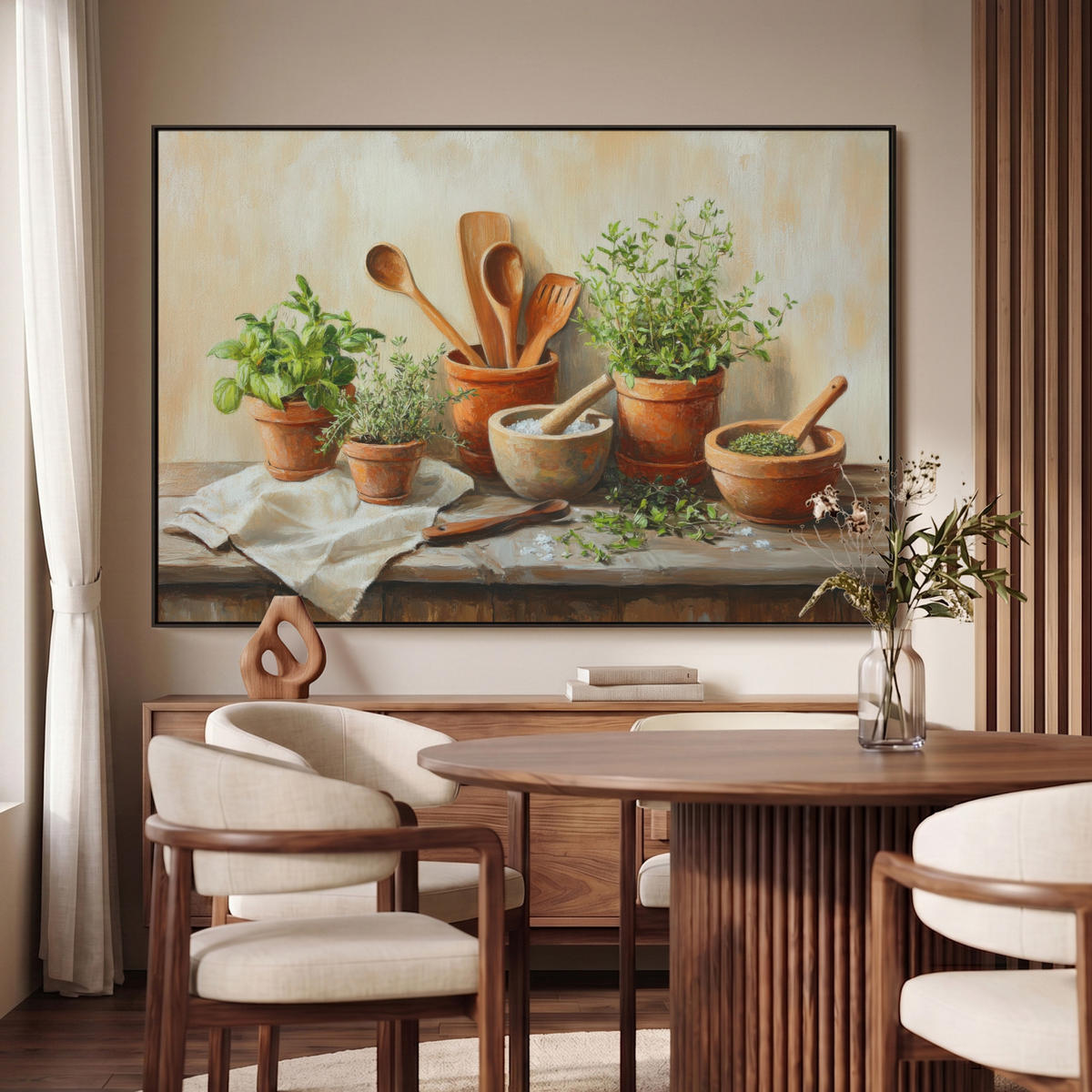 LEINWAND Bilder mit Rahmen - Töpfe - Kräuter - Holz - 150x100 - Terracotta, Textil (150/100cm) - MuchoWow