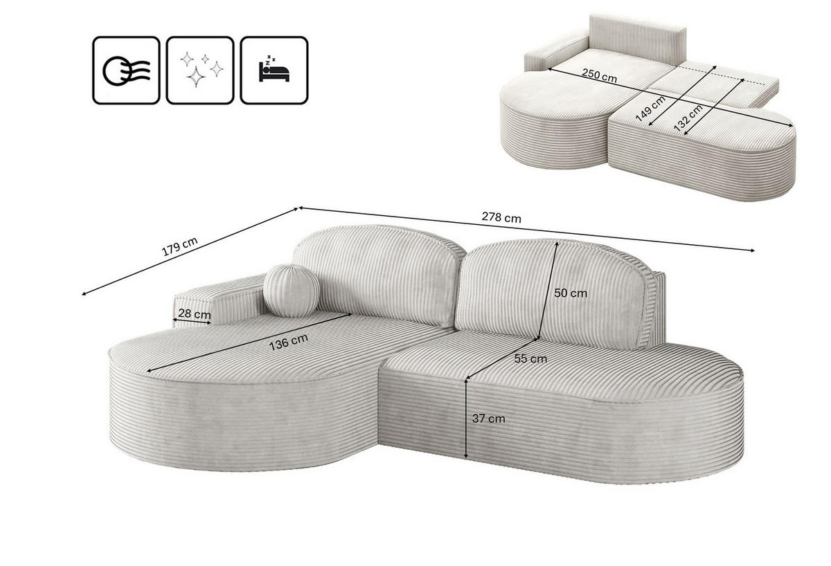 ECKSOFA mit Schlaffunktion und Bettkasten Modena Runden stoff Poso Beige Links - Beige, Holz/Textil (179/278cm) - Kaiser Möbel