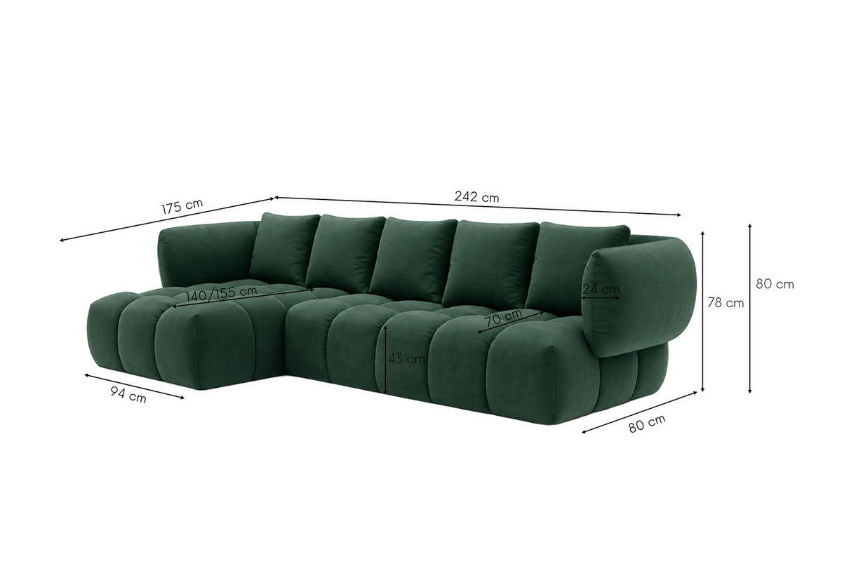 ECKSOFA L-Form, Veloursstoff Bluvel, Grün, Links, SEVIO L - Grün, Holz (242/175cm) - Kaiser Möbel