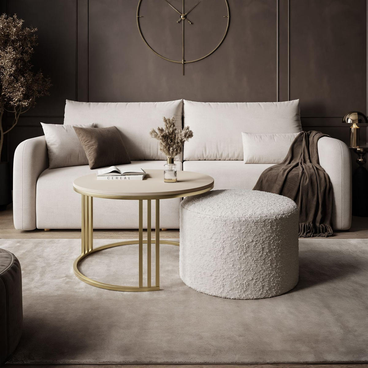 COUCHTISCH mit Hocker LORI MAT gebürstetes Gold/Kaschmir matt/Coral 65 - Kaschmir, Metall (70/70/49cm) - Lookway