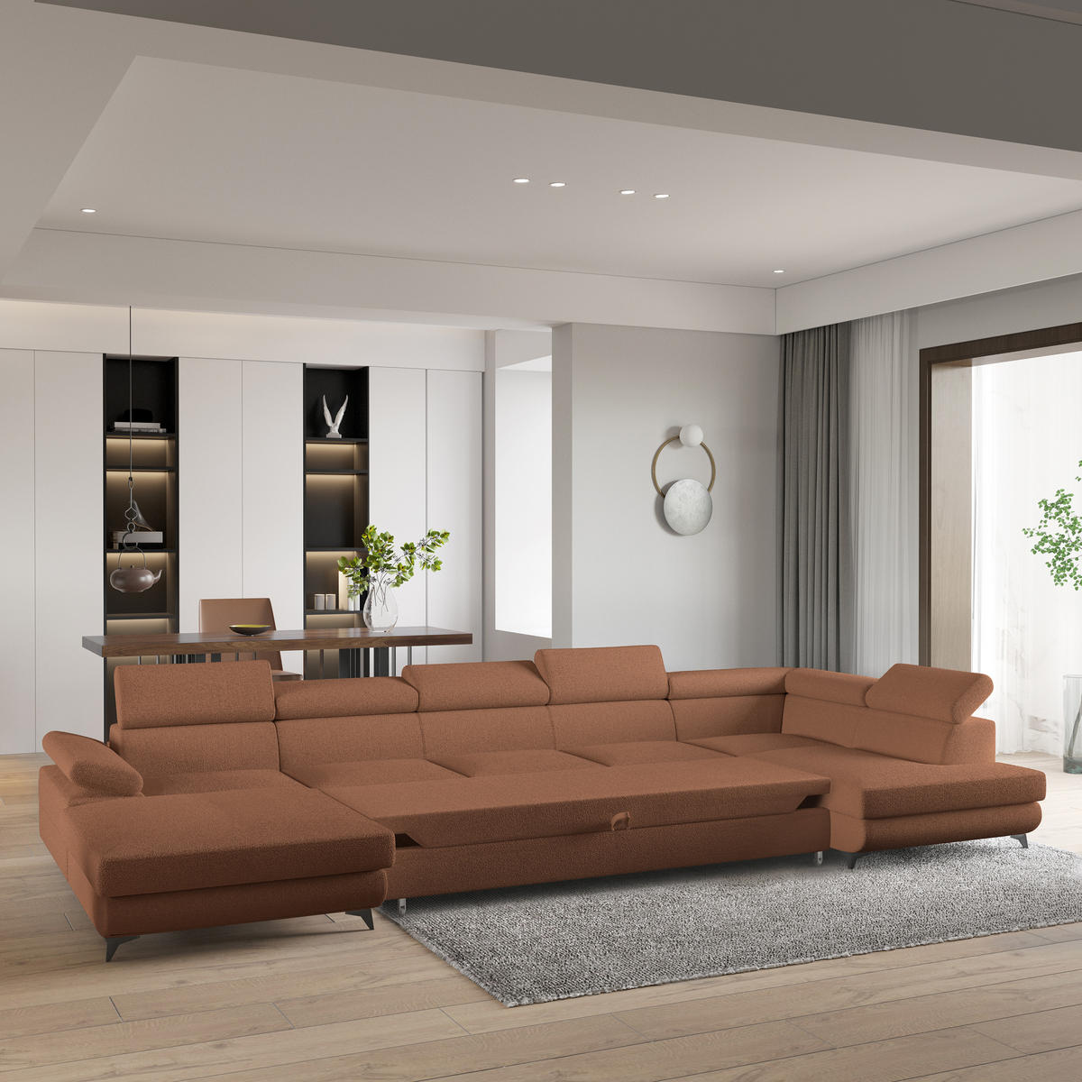 WOHNLANDSCHAFT MONTIVA Kupferfarben Boucle-Stoff mit Schlaffunktion - Kupferfarben, Holz (410/89/190cm) - MASSENO