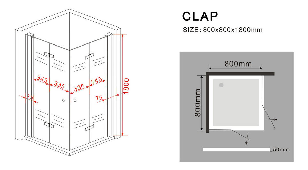 DUSCHKABINE CLAP Klar 80 x 80 x 180 cm 8 mm ESG - Klar, Glas (80/80/180cm) - Glasdeals