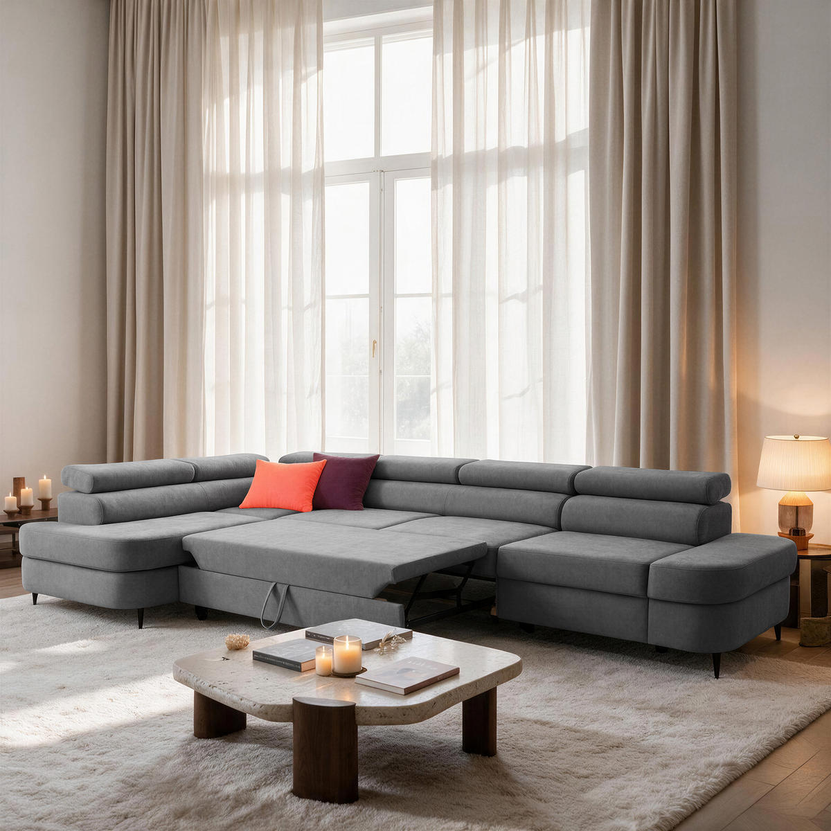 ECKSOFA PRIAM MAXI L-Form Links mit Schlaffunktion 125x195 Velours Grau - Schwarz/Grau, Holz/Textil (203/350cm) - Muffo
