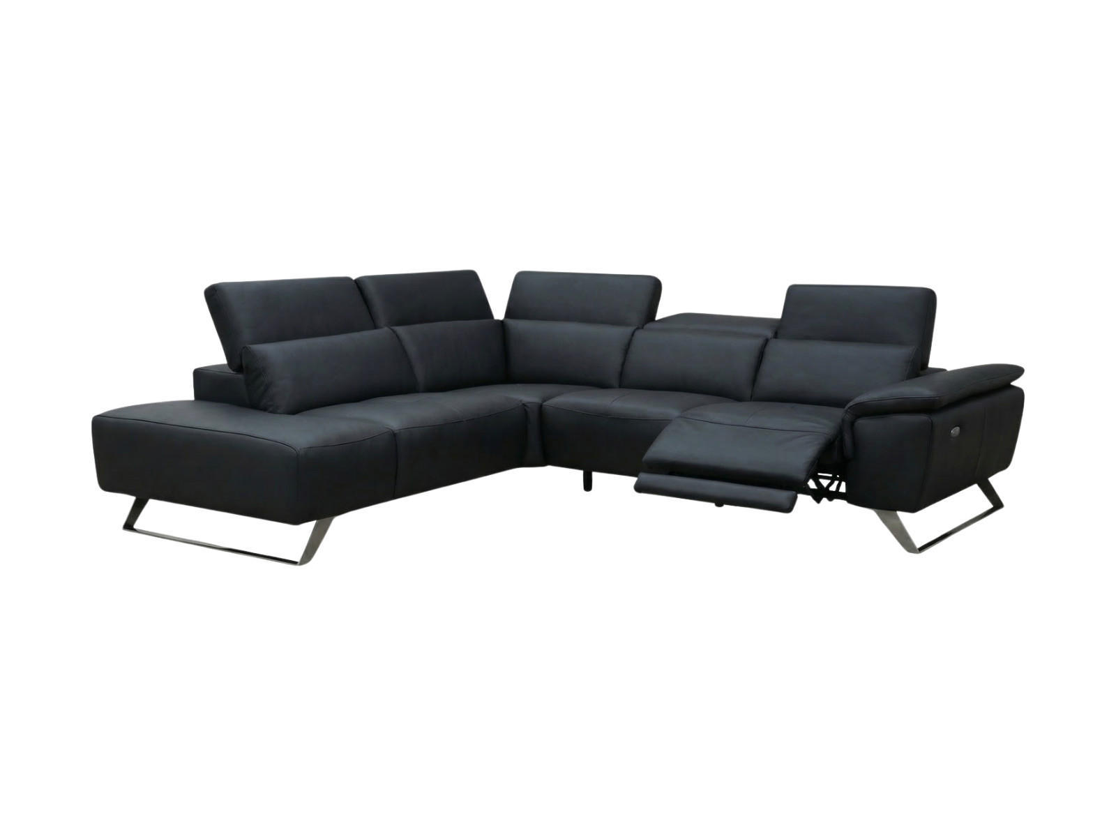 ECKSOFA Predator Echtleder mit 1 x Relaxfunktion Schwarz - Schwarz, Leder/Metall (230/270cm)