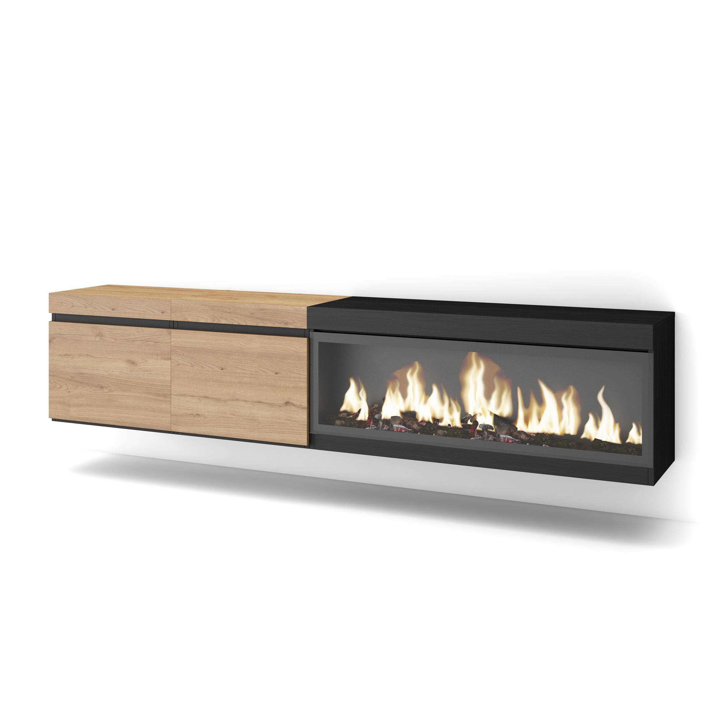 LOWBOARD, Tv-Schrank Elektrokamin XXL, Hängend, eiche, schwarz, 208/35/45cm - Eichefarben/Schwarz, Holzwerkstoff (208/45/35cm) - Skraut Home
