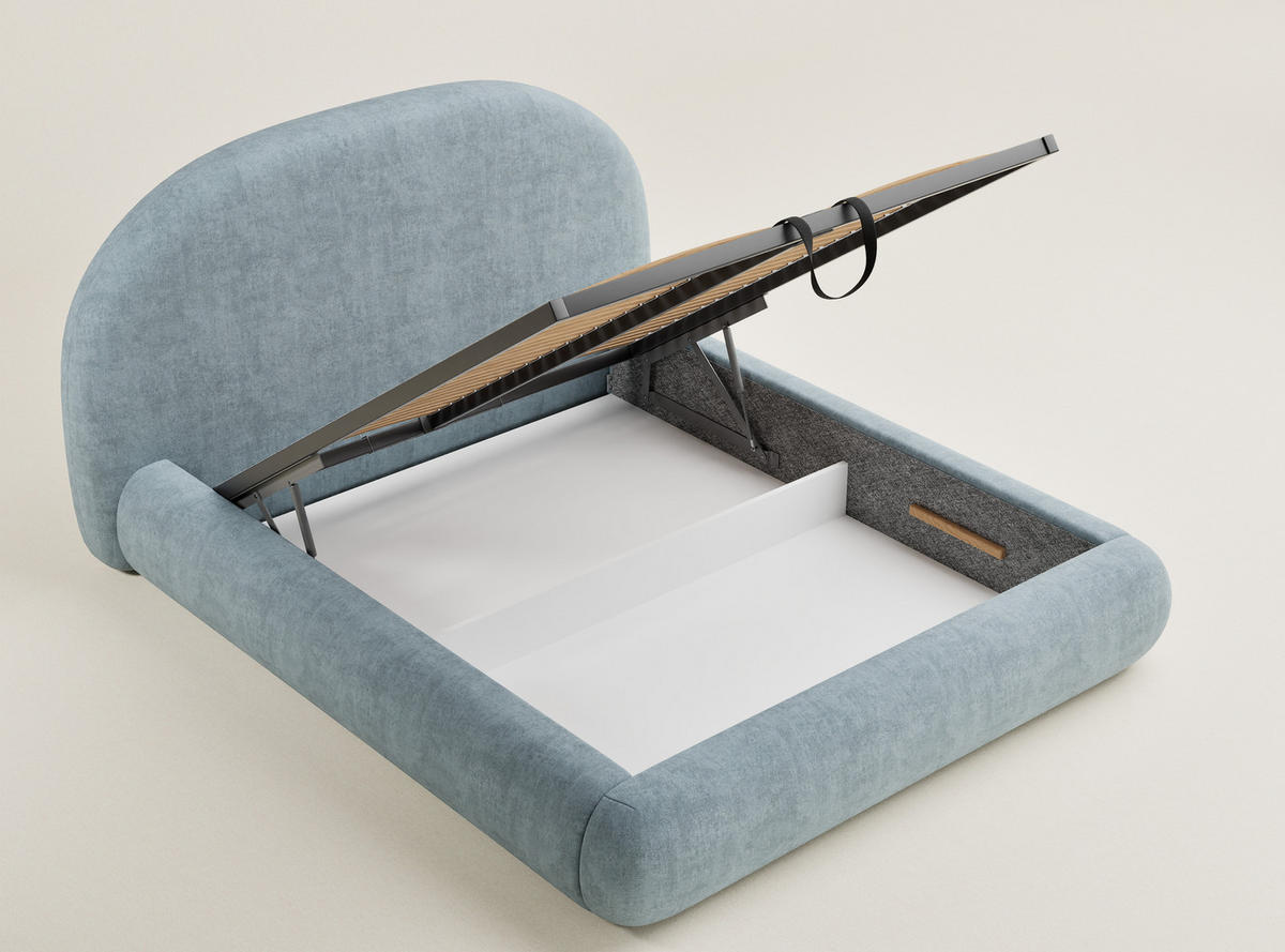 POLSTERBETT Maumere Hellblau 160/200 cm im Chenille-Stoff - Schwarz/Naturfarben, Holz/Holzwerkstoff (160/200cm) - Maison de Reve