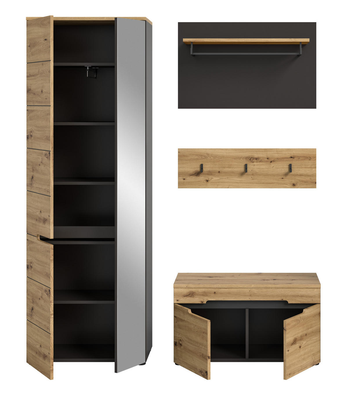 GARDEROBE Set 4-teilig Eiche Artisan und grau 160 cm, mit Soft-Close - Schwarz/Eiche Artisan, Glas/Holzwerkstoff (160/190/37cm) - Inn.Furn