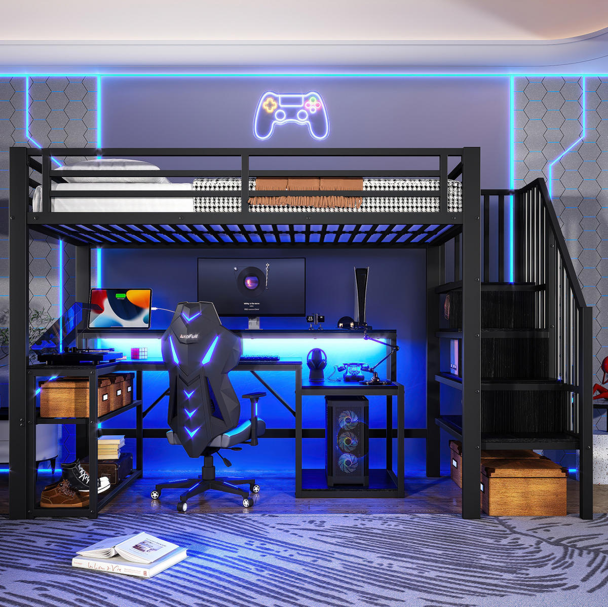 HOCHBETT 90/200 cm Schwarz aus Metall mit Schreibtisch und LED-Lichtleiste - Schwarz, Metall (90/200cm) - OKMYHOME