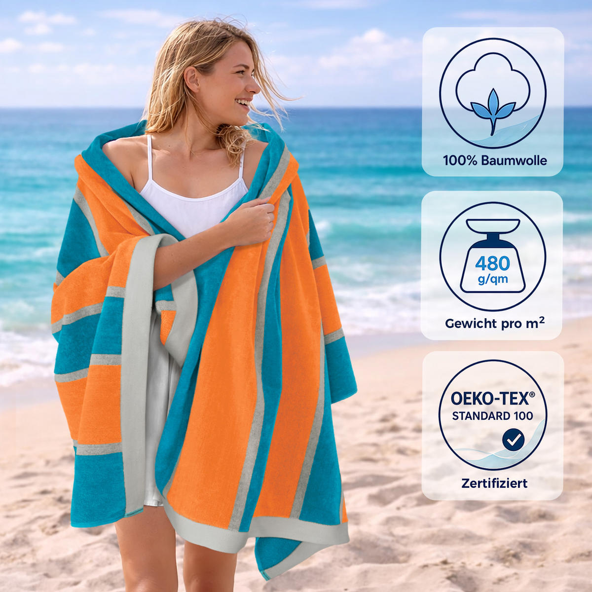 STRANDTUCH Surf 90x180 cm - Blau/Orange, Naturmaterialien (90/180cm) - Lashuma