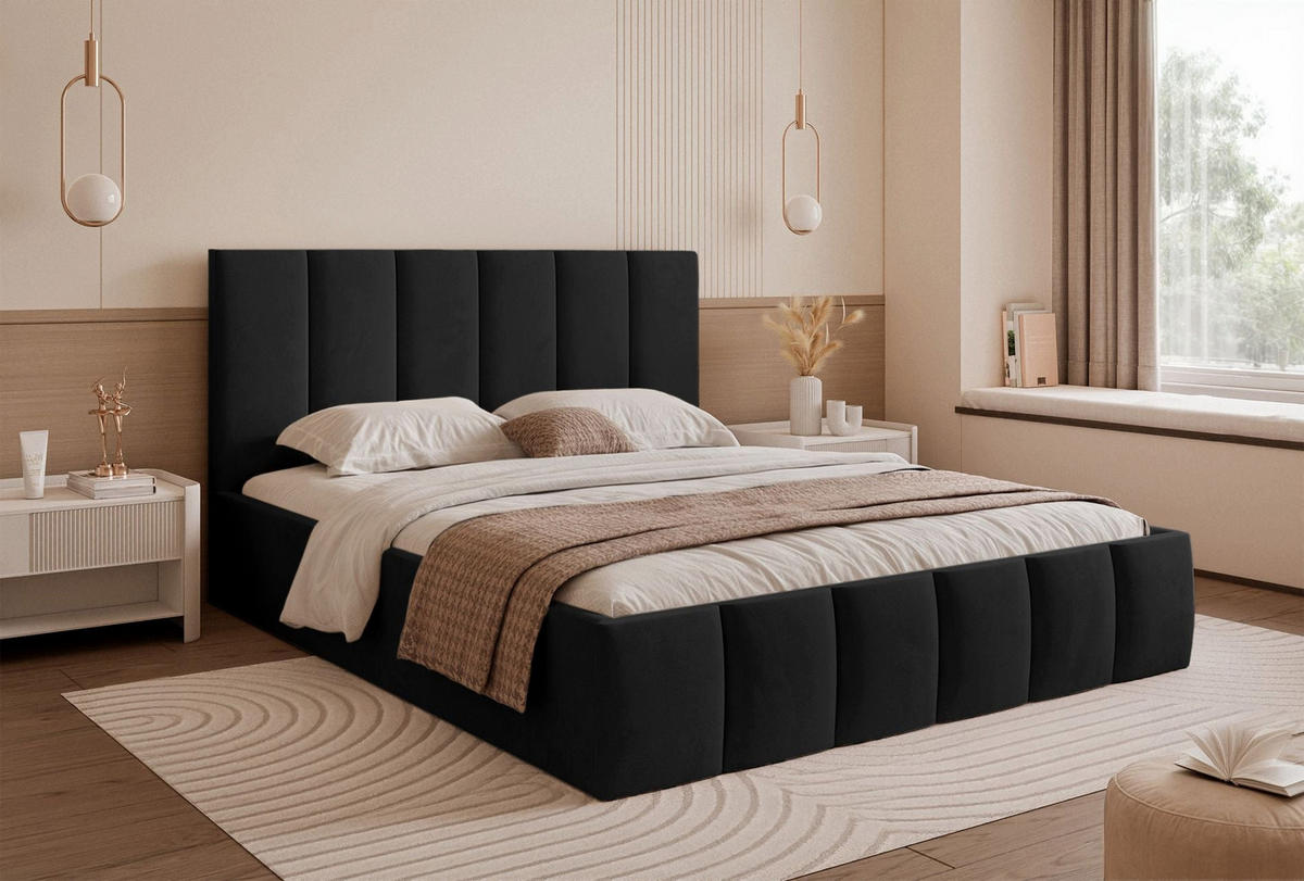 POLSTERBETT Sarafino Schwarz Samt 140x200 cm - Schwarz, Textil (140/200cm) - Selsey