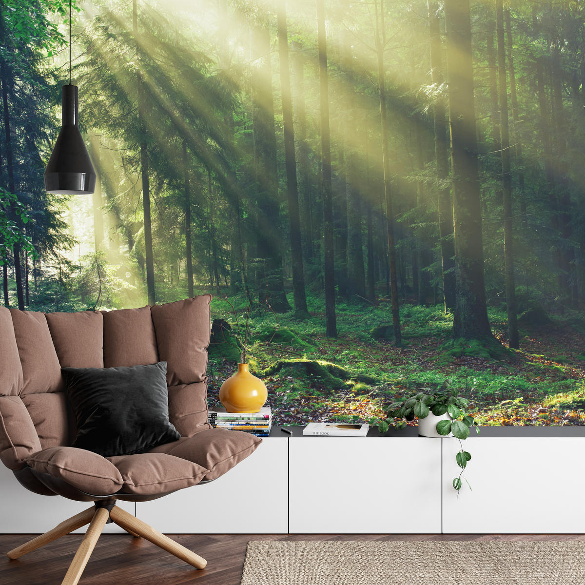 FOTOTAPETE für Schlafzimmer Sonnenaufgang Wald Bäume Moos 250x175 - Gelb/Braun, Papier (250/175cm) - Muralo