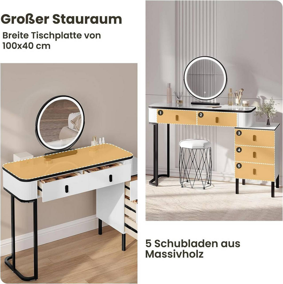SCHMINKTISCH mit LED, Spiegel, 5 Schubladen, Seitenschrank, Weiß - Schwarz/Weiß, Holzwerkstoff/Metall (100/126/40cm) - Woltu
