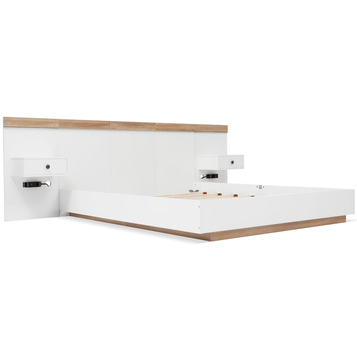 BETT 160/200 cm mit 2 LED-Nachtkommoden, USB/Typ-C und Steckdose, Schwebeoptik, Weiß/Sonoma-Eiche - Weiß, Holzwerkstoff (160/200cm) - Redom
