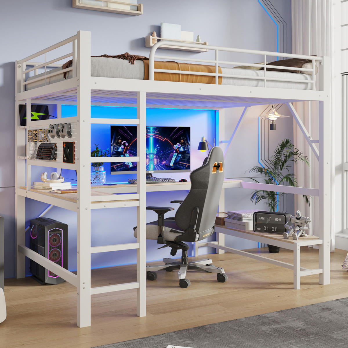 HOCHBETT aus Metall und MDF 160x200 cm Weiß mit Schreibtisch, LED-Leiste und USB-Type-C-Anschluss - Weiß, Metall (160/200cm) - Modfu