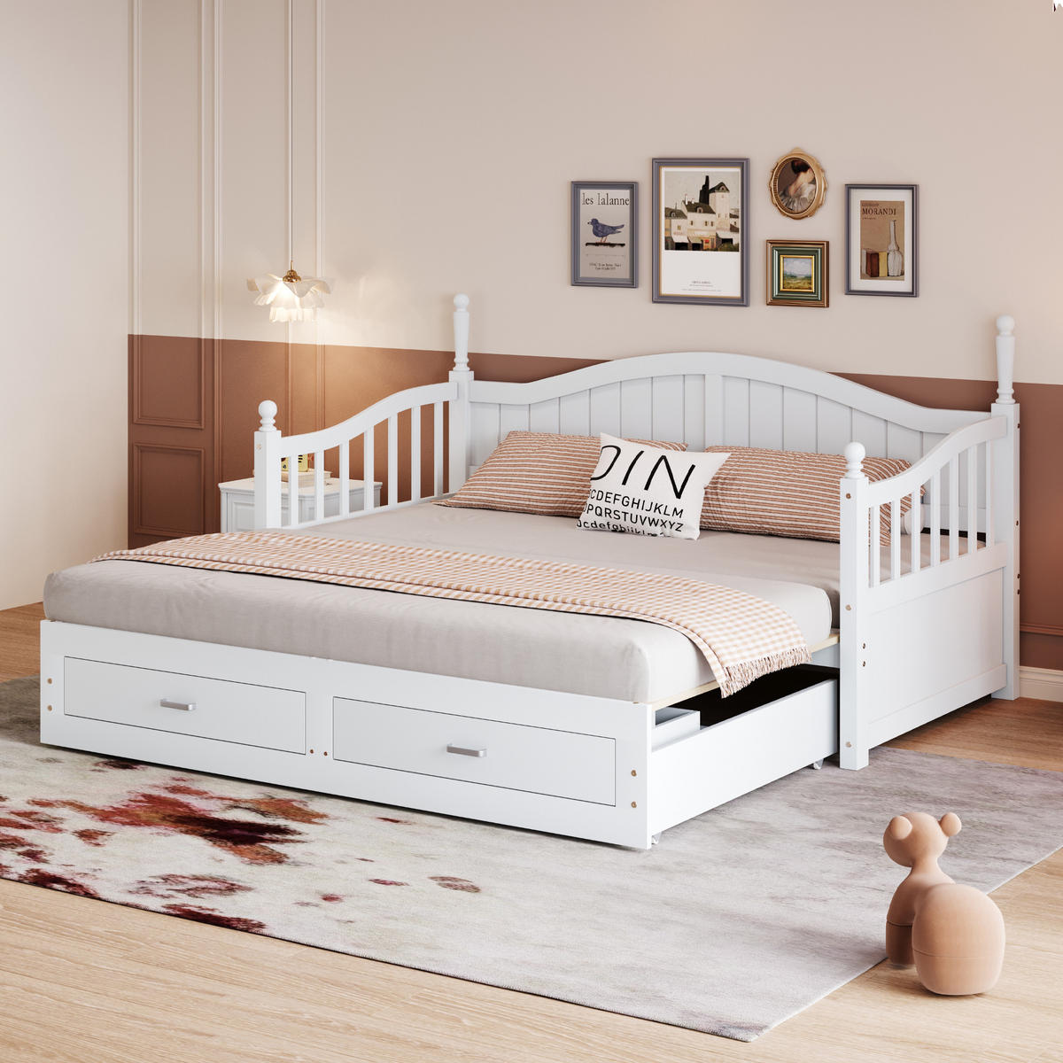 BETT Ausziehbares Schlafsofa 90/190 cm Weiß aus Massivholz mit Schubladen und Lattenrost - Weiß, Holzwerkstoff (90/190cm) - OKWISH