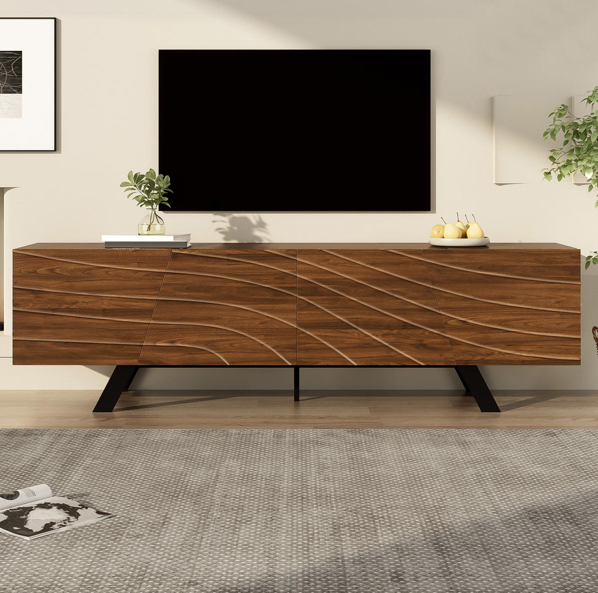 LOWBOARD 160/39/50,5 cm aus MDF mit Wellenfront und Kabelmanagement Walnussfarben - Walnussfarben, Holzwerkstoff (160/50.5/39cm) - Modenvie