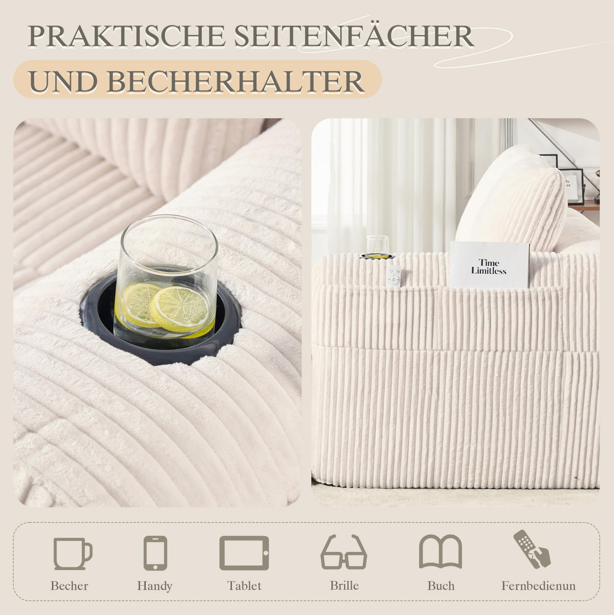 POHOVKA 158/93/61 cm béžová z manšestru s bočními kapsami a držáky nápojů - béžová, textil (93/61/158cm) - OKWISH