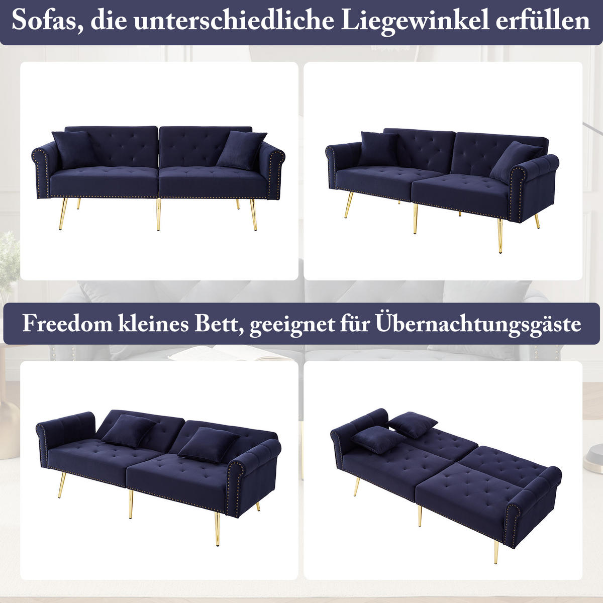SCHLAFSOFA 2-Sitzer Samt mit 3-stufig verstellbarer Rückenlehne Antikblau 173/75/70 cm - Blau, Textil (70/173/75cm) - Redom