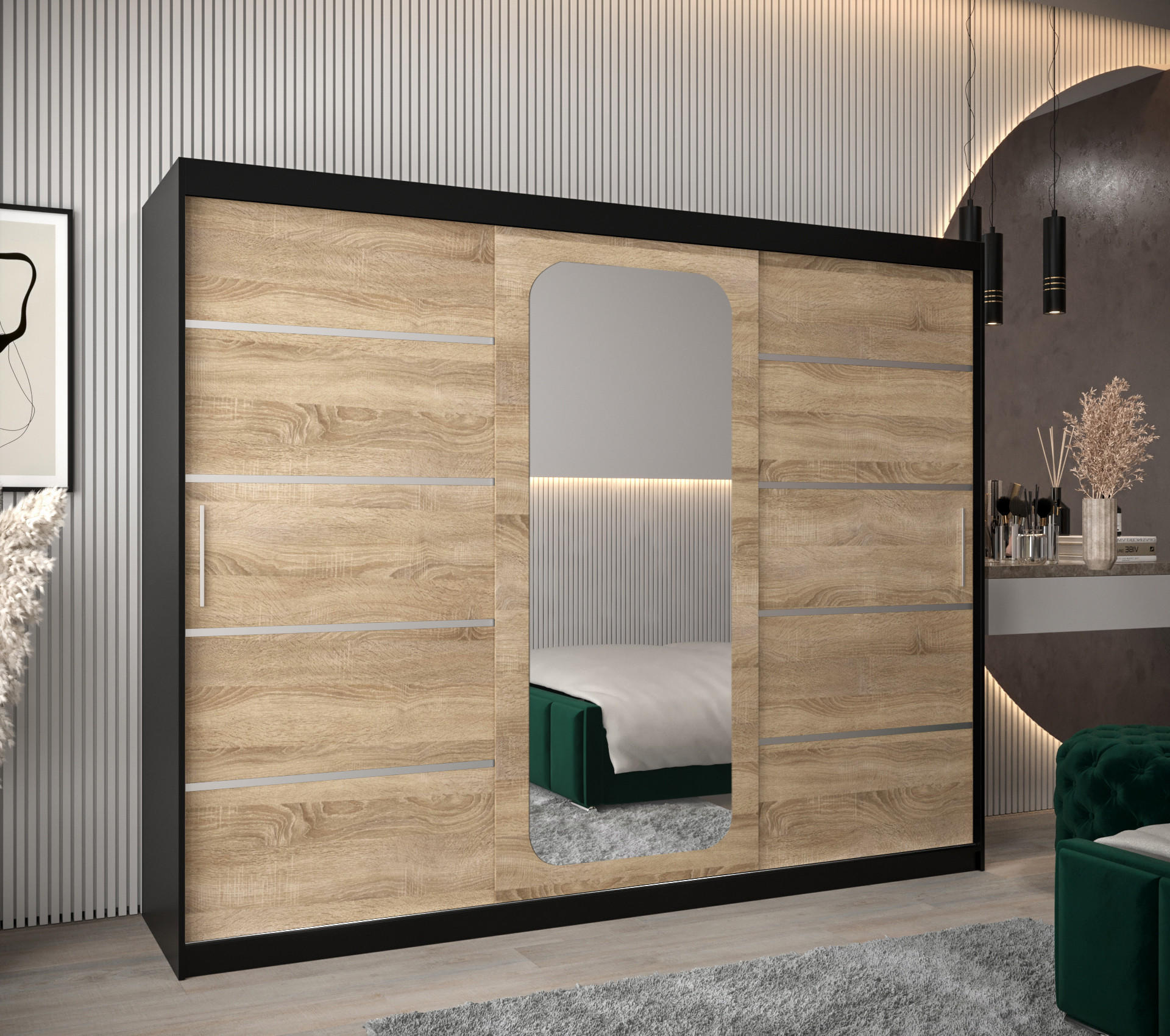 SCHWEBETÜRENSCHRANK 200/250/62 3-türig - Silberfarben/Schwarz, Holz/Kunststoff (250/200/62cm) - Abiks Möbel