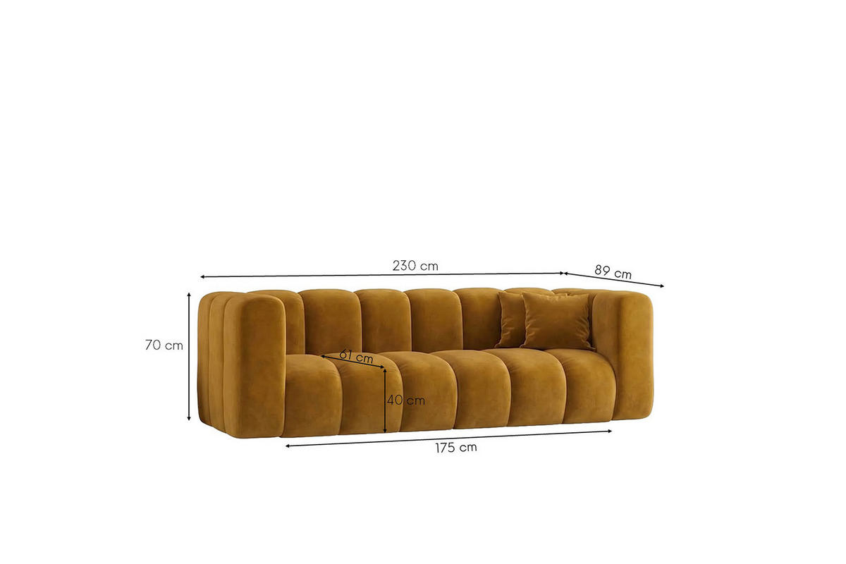 SOFA 3-Sitzer Modulares, Velvet-Stoff Riviera, Senffarbe, GRAND - Gelb, Holz (230/70/89cm) - Kaiser Möbel