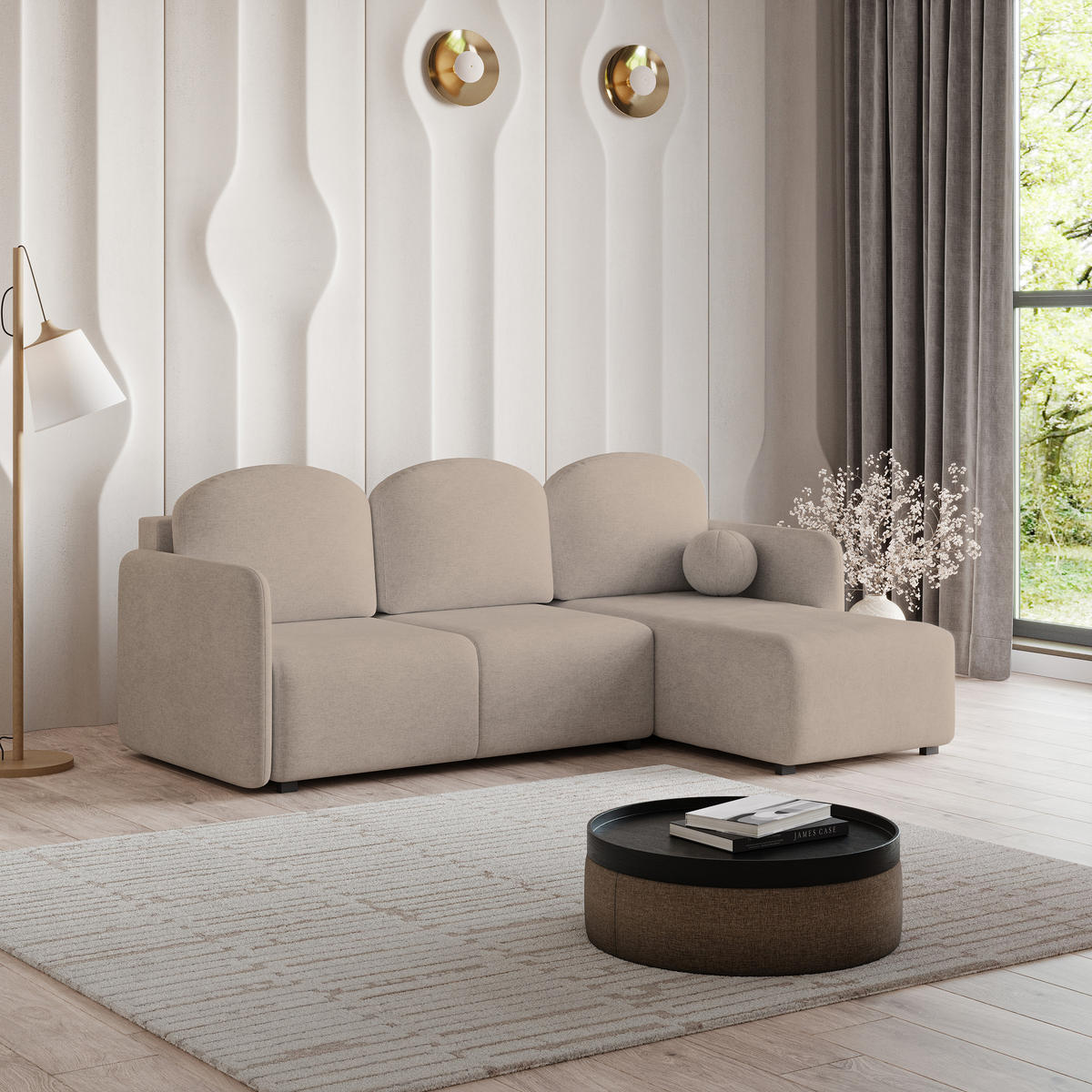 ECKSOFA SUVINO Beige Geflochtener Stoff mit Schlaffunktion - Beige, Holz (230/143cm) - MASSENO