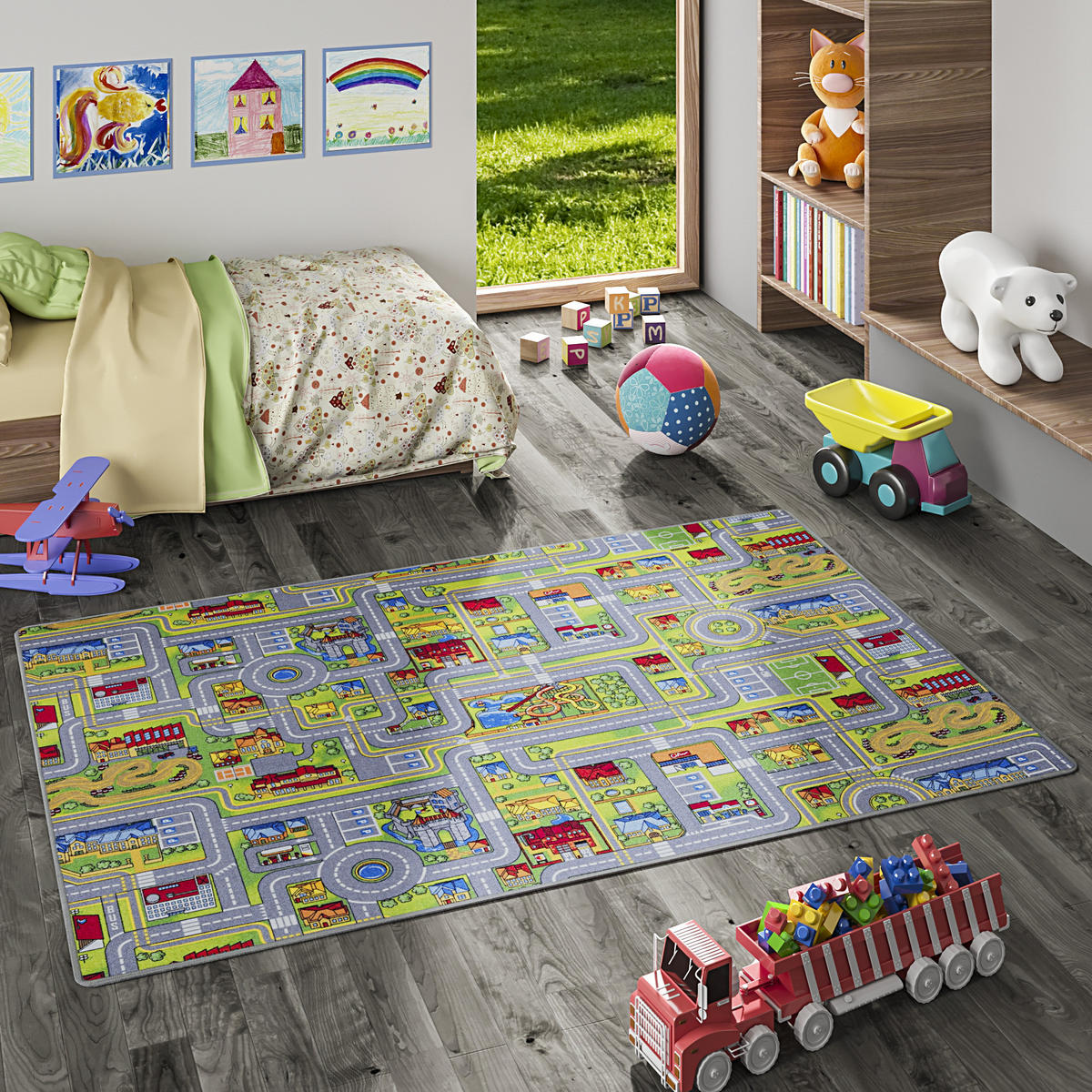 KINDER SPIEL STRASSENTEPPICH - Grau/Grün, Textil (160/160cm) - Snapstyle