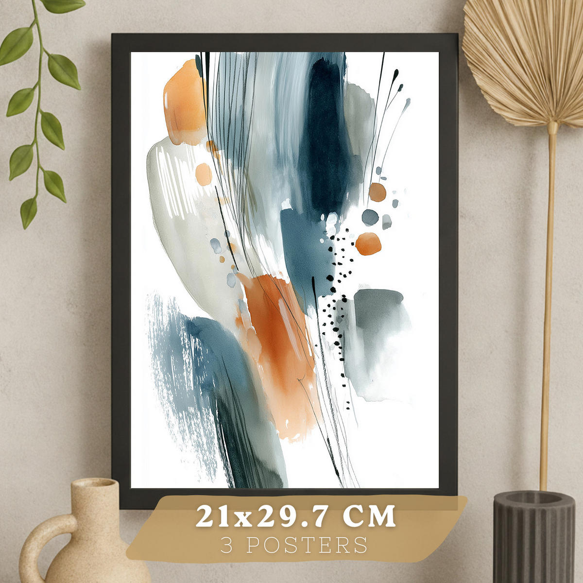 PLAKAT Sada 3 dekorativních nástěnných tisků Abstraktní akvarelové obrazy,oranžová. Moderní malby do obývacího pokoje. Černý rám velikosti A4 - černá, papír (29.7/42/3cm)