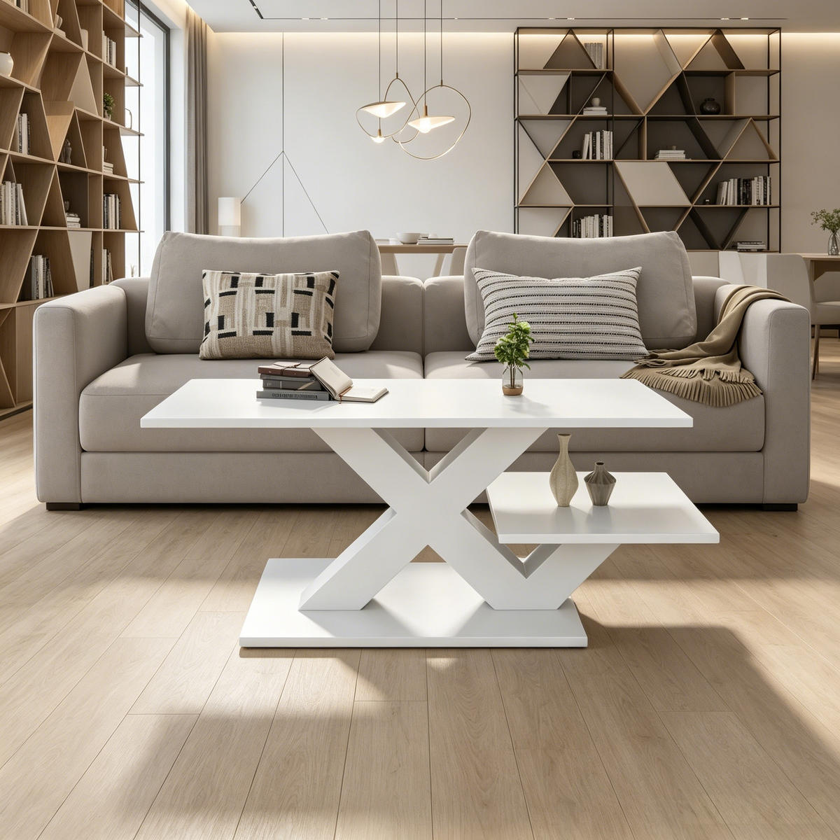 COUCHTISCH mit doppelter Arbeitsplatte und X-förmigen Tischbeinen MDF Weiß 100/48/45 cm - Weiß, Holzwerkstoff (100/48/45cm) - EVRYAE