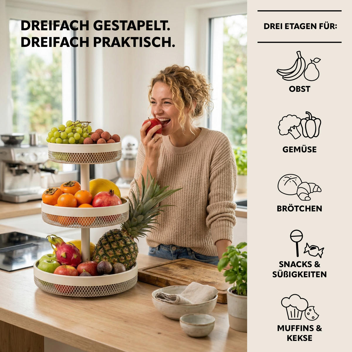 OBSTETAGERE rund, 3-stöckig, Ø 20 cm, 25 cm und 30 cm, beige, Metall - Beige, Metall (30/42cm) - eluno