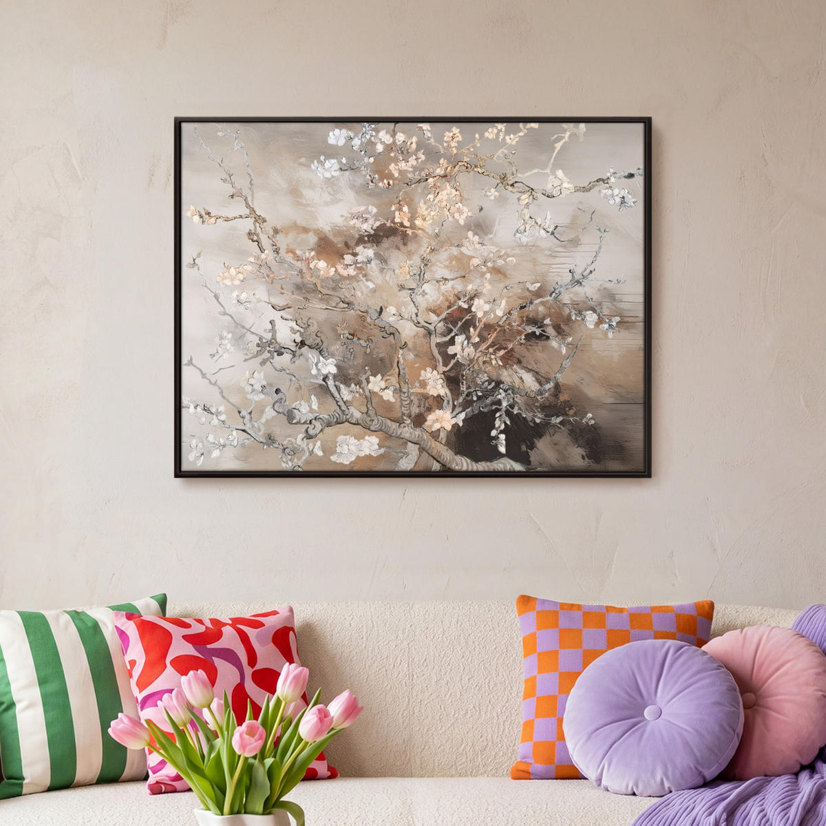 LEINWAND Bilder mit Rahmen - Mandelblüte - Kunst - Van Gogh - Beige - Abstrakt - 70x50 - Braun, Textil (70/50cm) - MuchoWow