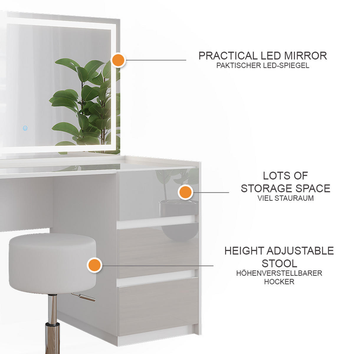 SCHMINKTISCH Marla Weiß Hochglanz 120 cm mit LED-Spiegel und Hocker - Weiß Hochglanz, Holzwerkstoff (120/78.6/60cm) - Vicco