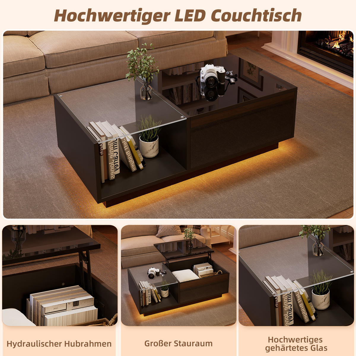 COUCHTISCH aus Spanplatte 100x50x33-46,5 cm in Schwarz mit LED-Beleuchtung - Schwarz, Holzwerkstoff (100/50/46.5cm) - Modfu