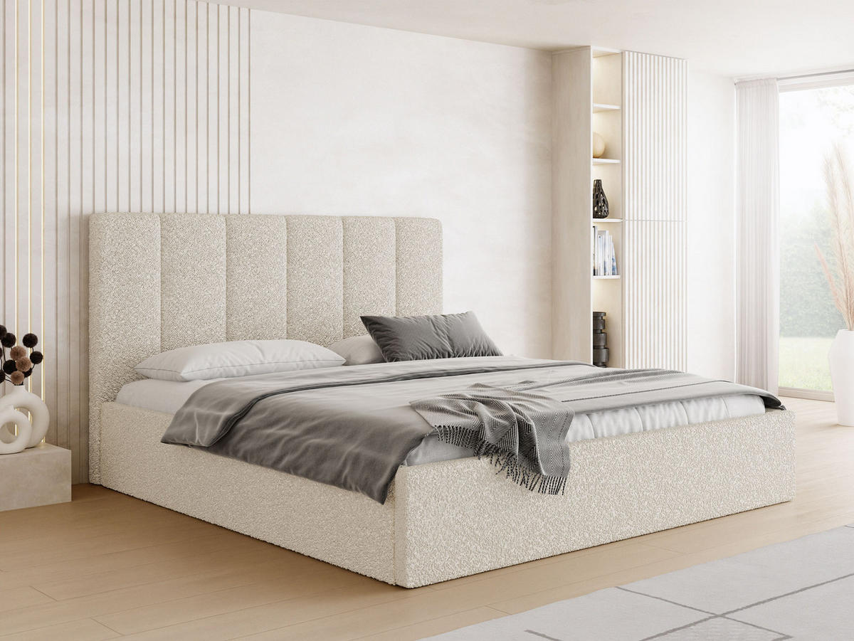 POLSTERBETT Amira Slim mit Bettkasten, Creme Boucle 200x200 cm - Birkefarben/Schwarz, Holz/Holzwerkstoff (200/200cm) - WFL GROUP