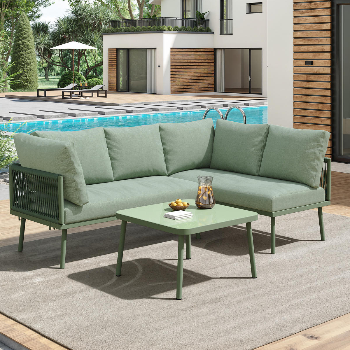 GARTEN Lounge Set aus Eisen mit grünem Seil LForm mit Sitzkissen verstellbaren Füßen 2 Sofas und Tisch - Grün, Metall - FLIEKS