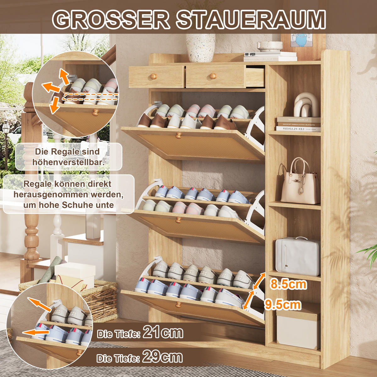 SCHUHSCHRANK 90x24x130cm Rattan mit 3 Klappen, 2 Schubl. - Naturfarben, Holzwerkstoff (90/130/24cm) - FLIEKS